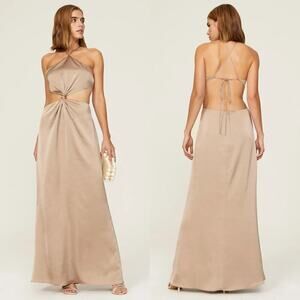 Fame & Partners Demeter Dress Satin Halter Twist Front Cutout Maxi Gown Brown 0